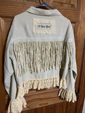Rare Bird Striped Blue Jean Jacket with Lace Trim